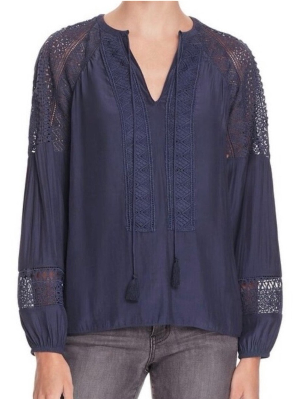 Ramy Brook Winnie Navy Crochet-Inset Detail Peasant Blouse 💙💙